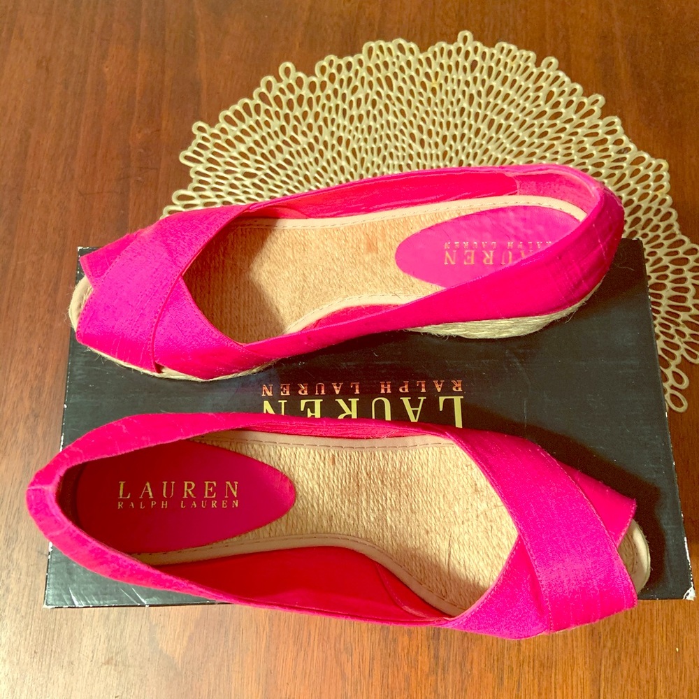 Vintage peep toe RALPH LAUREN silk wedge heels